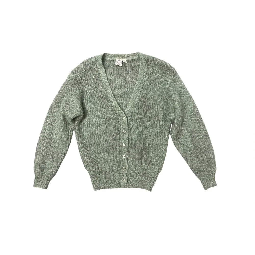 90s Vintage J.G. Hook Grey Fuzzy Mohair Knit V-Neck Cardigan Sweater Size Medium